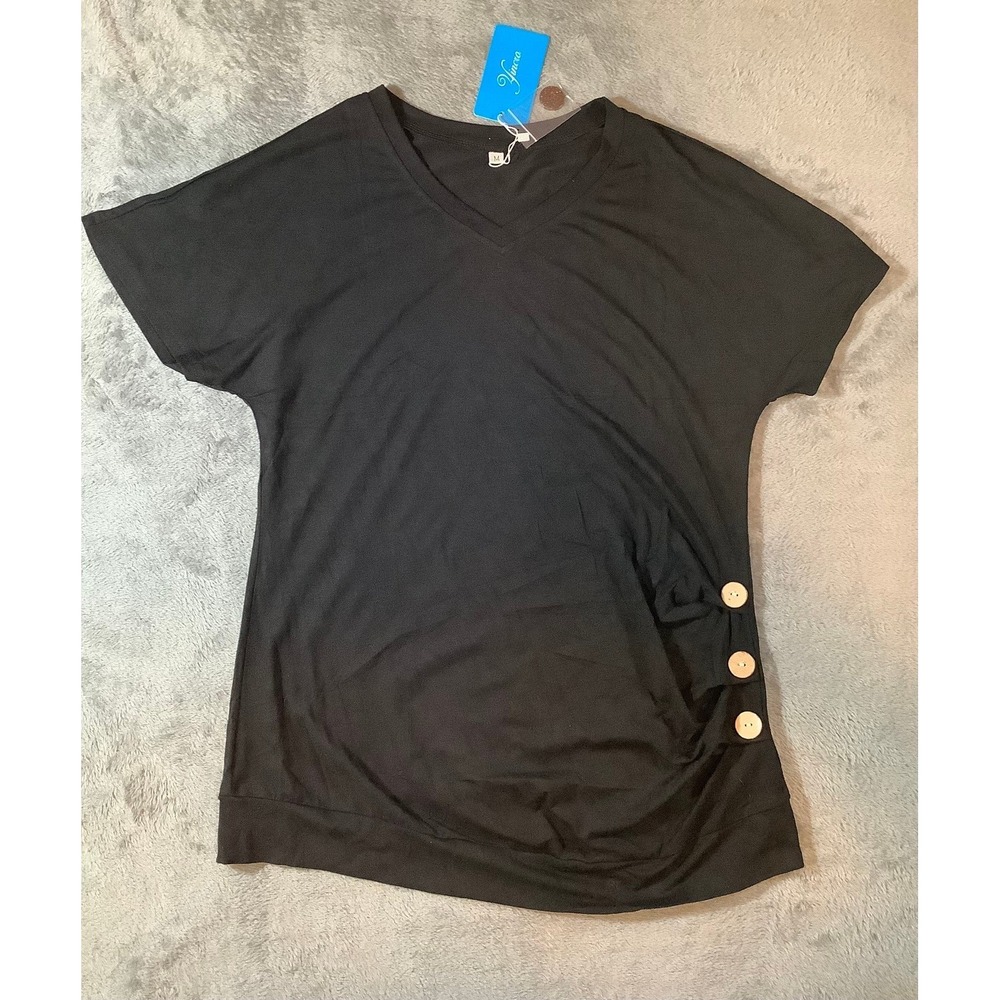 Yincro Women Black V-Neck Ruched Button Detail Dolman Sleeve Tunic Top M NWT